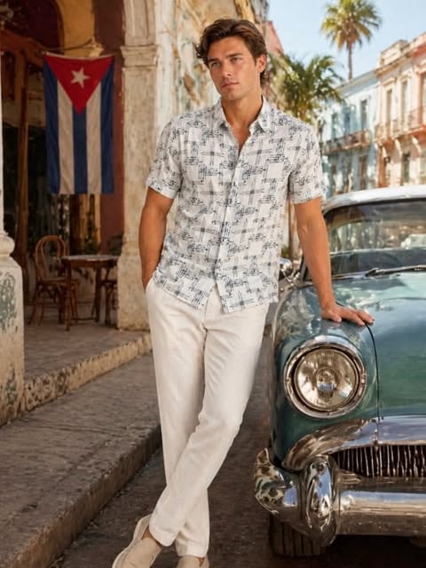 Printed shirt and linen trousers for men