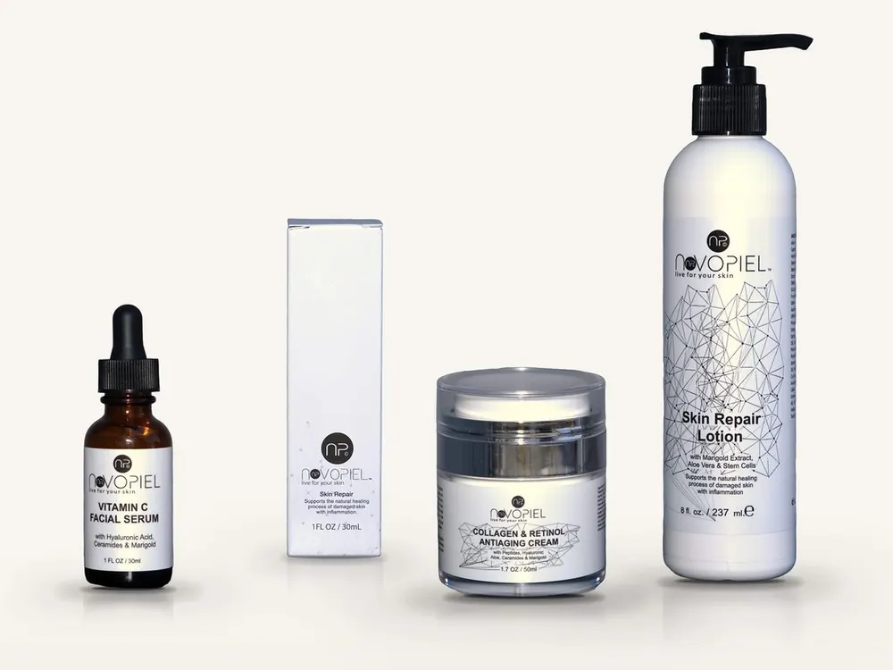 The Novopiel line: Vitamin C facial serum, Collagen & Retinol antiaging cream and Skin Repair lotion